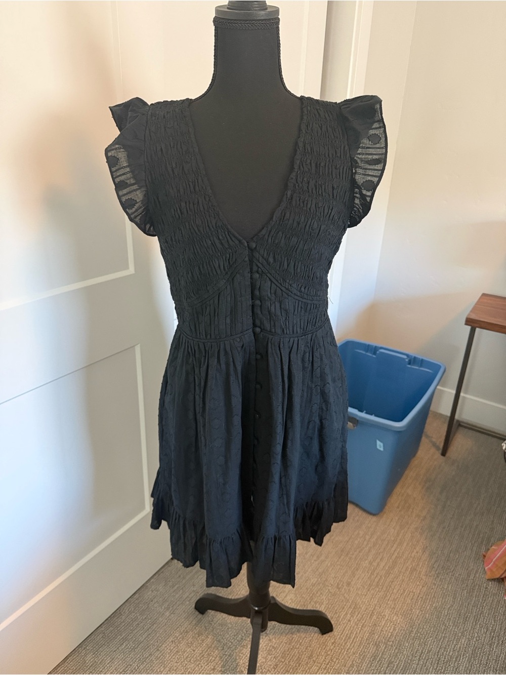 Anthropologie Black Smocked Dress with Branded Ties